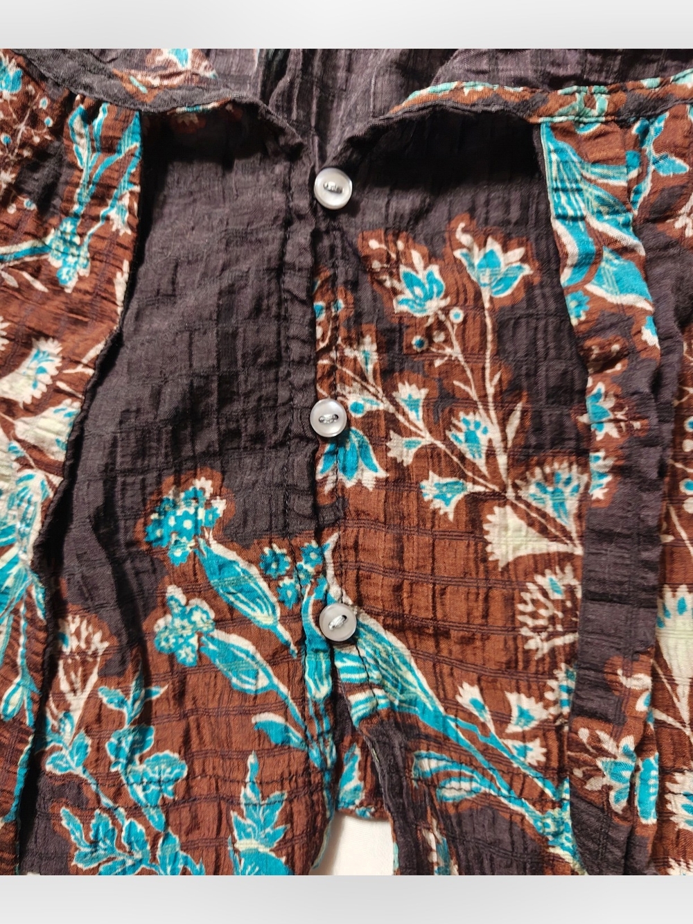 Free People Floral Crinkle Tie Front Blouse Small Brown Turquoise Boho Top - Picture 5 of 7